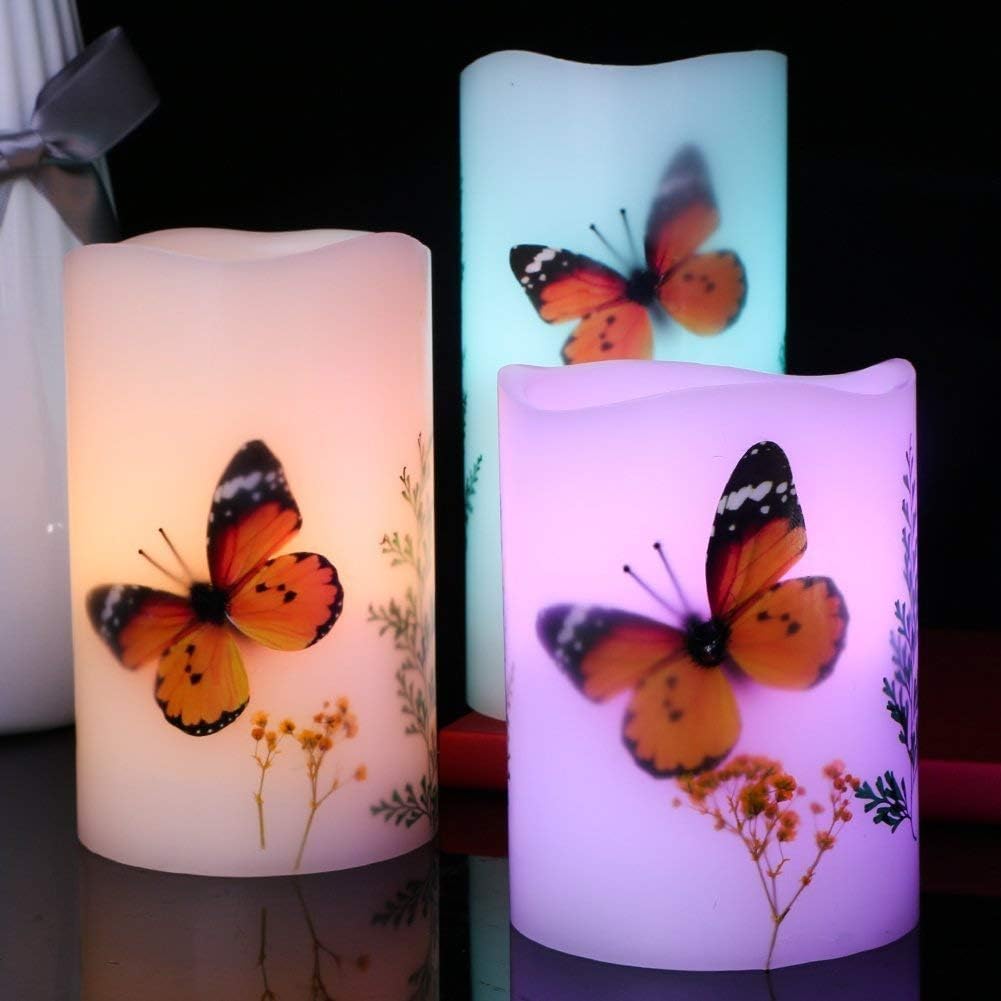 Warren Flameless LED Candles Set of 3 (H4''5''6'' x D3'') Real Wax Butterfly Candles 18-Key Remote Control with Timer Function 300+ Hours by 3 AAA Batteries Waterproof Outdoor Indoor Candles for Gift