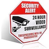 Video Surveillance Sign - REFLECTIVE - Business and Home 24 Hours CCTV Security Alert - Waterproof Indoor Outdoor Security Camera Warning - 12"x12" Aluminum Sign Sticker Decals, Red, Black On White