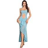 meilun Women's Cowl Neck Ruffle Wedding Guest Dress Mesh Slit Bodycon Cocktail Party Maxi Dress