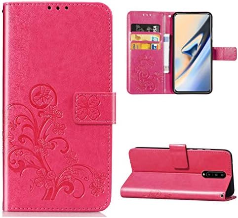 Badalink Phone Case Compatible with OnePlus 7Pro, Drop Protection Premium PU Leather Flip Wallet Case for OnePlus 7Pro, Stylish Embossed Clover Phone Protective Cover - Rose red
