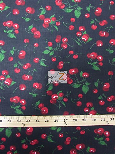 BLACK CHERRY FRUIT PRINT POLY COTTON FABRIC 58