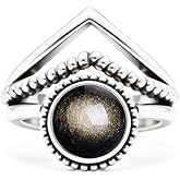 V Shape Stone Chevron Ring,Retro Sterling Silver Natural Round Stone Cystal Quartz Gemstone Three Lines Statement Wide Band Ring Jewelry for Women