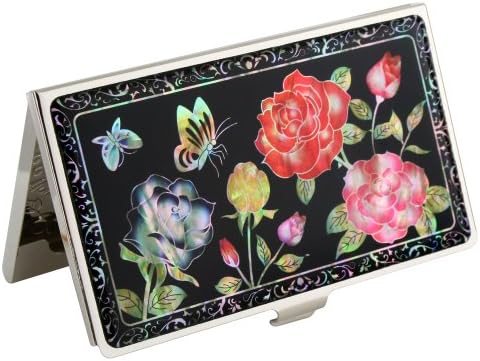 Handmade Handcrafted Mother of Pearl Business Card, Credit Card, ID Holder, & Money Wallet Metal Stainless Steel lacquer wares inlaid with Rose Design