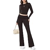 ZOOSIXX Lounge Sets for Women - 2 Piece Outfits Crop Tops with Fold Over Flare Leggings Fall Loungewear Fitted Pajama Sets