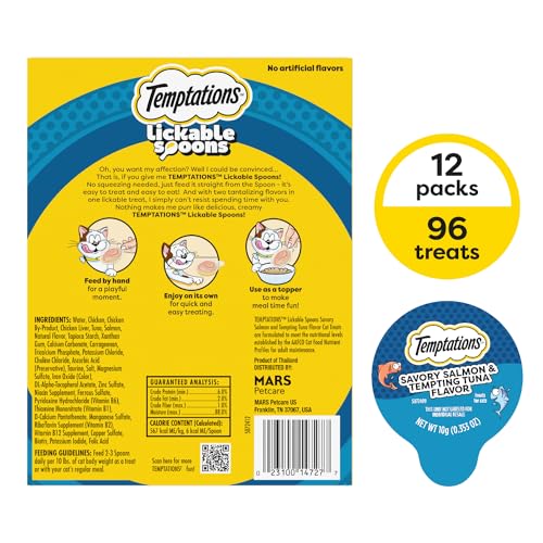 TEMPTATIONS LICKABLE SPOONS, SOFT LICKABLE CAT TREATS, ADULT WET CAT TREATS, SAVORY SALMON AND TEMPTING TUNA FLAVOR, 8 SPOONS, PACK OF 12 (96 TOTAL)