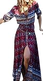 R.Vivimos Women Summer Print V Neck Maxi Dresses 3XL Red
