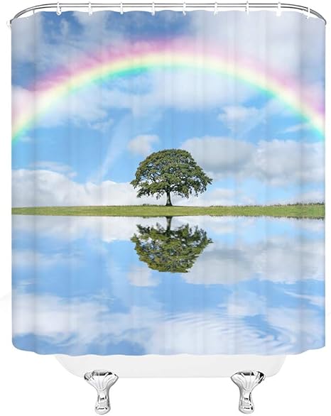 Amazon ツリーシャワーカーテンライフオブツリーグラスランドレインボースカイ水反射自然風景ファブリックバスルーム装飾セットフック付きグリーンブルー 180x180 Cm シャワーカーテン ホーム キッチン オンライン通販