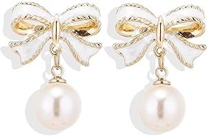 ECOZRAN Gold Bow Earrings for Women, Long Tassel Chain Drop Earrings, Trendy Small Bow Earrings, Ribbon Waterfall Dangling Earrings, Pearl Bow Earrings, Sparkly Elegant Bowknot Preppy Jewelry Gifts for Women