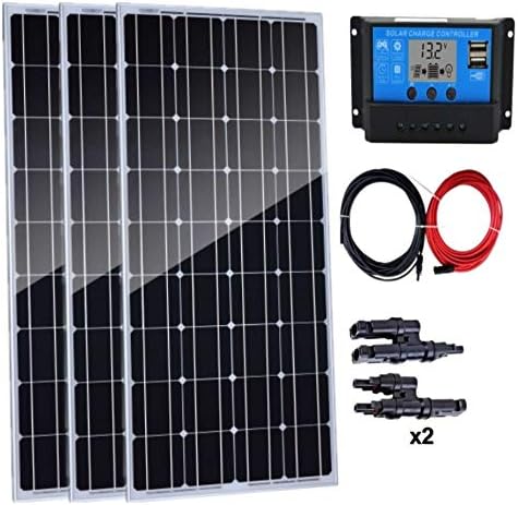 AUECOOR300 Watts (3pcs 100 Watt) Monocrystalline Solar Panel Complete Off-Grid RV Boat Kit with 30A LCD Charge Controller + Solar Cable + connector adaptor