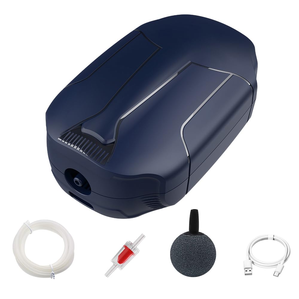 Mini Silent Aquarium Air Pump Waterproof Portable USB plug Type-c charge 5v fish tank air stone (Blue,1.5W))