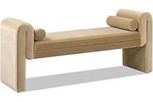 Jennifer Taylor Home Mason 60.5" Arched Arm Bench with Bolster Pillows, Camel Brown Beige Performance Velvet