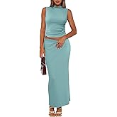 LUXVEER Womens 2 Piece Skirt Sets Casual Summer Outfits Sleeveless Mock Neck Crop Tank Tops High Waist Long Maxi Dress Set