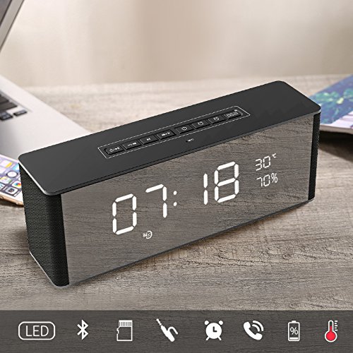 Ahead Wireless Bluetooth Speaker with Clock Alarm, Portable Stereo Speaker, Dual Alarm Clock Bedside, LED Diaplay, Built-in Mic, LED Nightstand Clock and Large LED Dimmable Display