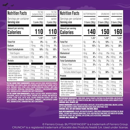BUTTERFINGER, CRUNCH, BABY RUTH, TIC TAC CHEWY!, FUN SIZE ASSORTED CANDY BARS, GREAT FOR SHARING, BULK 70 COUNT, 25.4 OZ