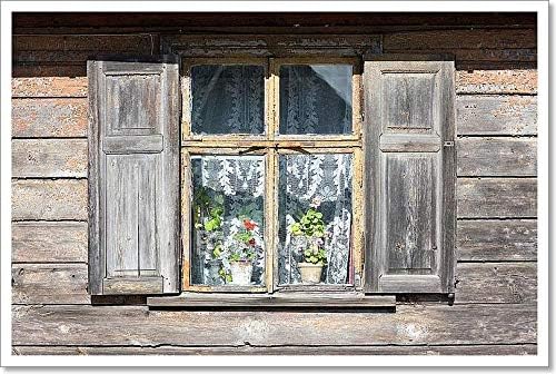 Barewalls Window an Old Wooden House with Shutters and Flowers Paper Print Wall Art (16in. x 24in.)