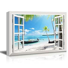 Creative Window View Canvas Prints Wall Art - Boat on The Oceanside - 24" x 36"