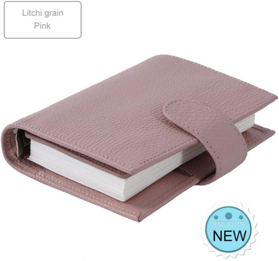 Qingb Genuine Leather Rings Notebook Brass Binder Mini Agenda Organizer Cowhide Diary Journal Sketchbook Planner Big Pocket,Litchi Pink,A7 Cover 142x115mm