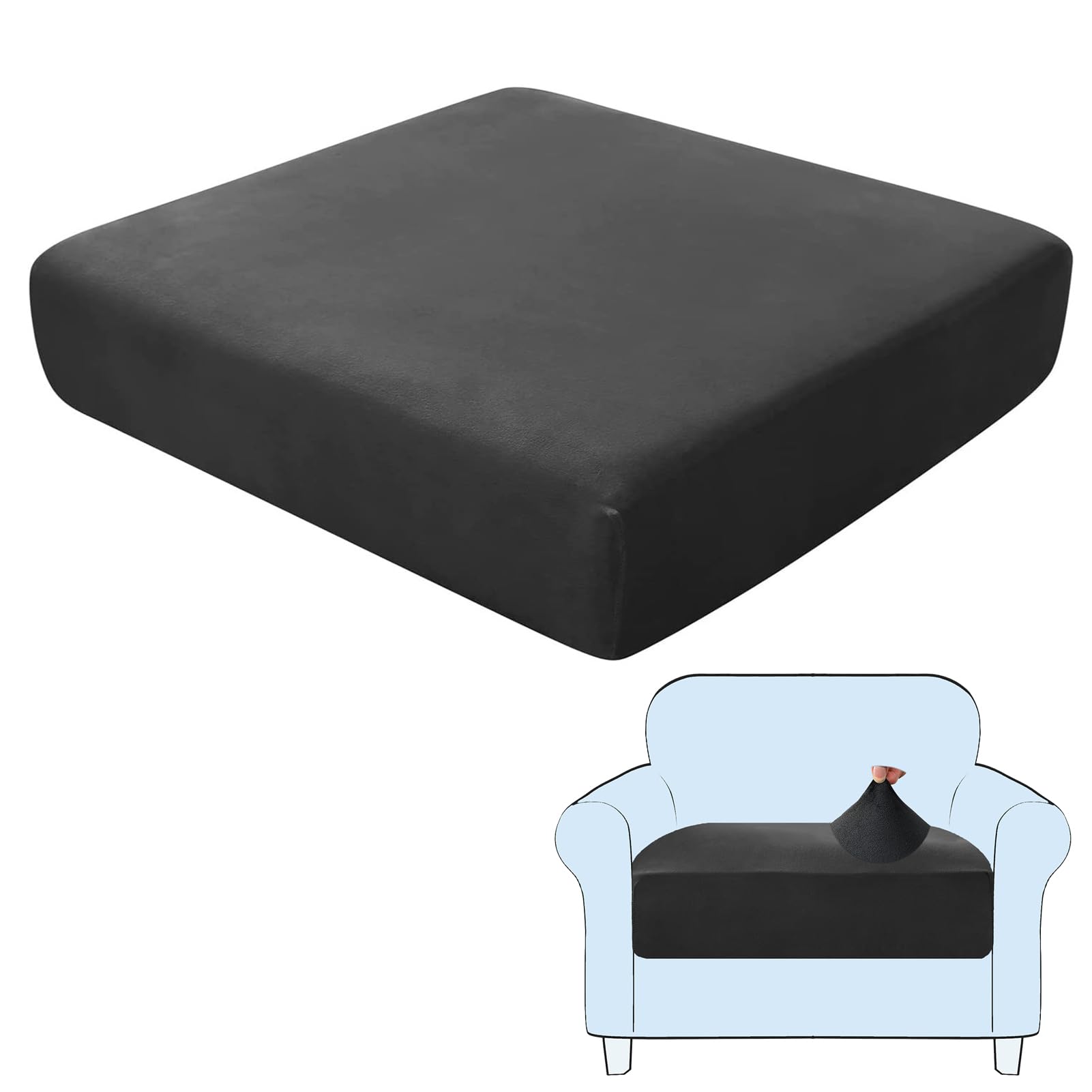SHUOJIA Sofa Seat Cushion Covers, Stretch Velvet Sofa Cover, Non-Slip Couch Cushion Covers Replacement for Individual Cushion,with Elastic Fabric,Machine Washable (Black,Large-1-Seater)