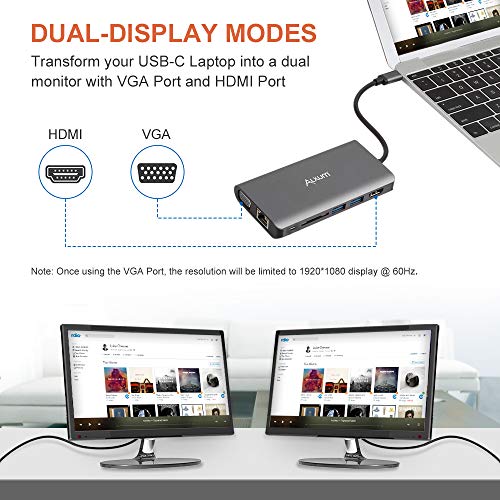 Alxum USB C Hub, 8-in-1 Type C Hub with 4K@30Hz HDMI, VGA, 100W USB-C Power Delivery, 2 USB 3.0 Port, RJ45 Ethernet, Micro SD Card Reader, Audio Output, Portable for Mac Pro and More Type C Devices.