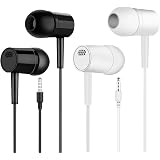 Fubkerm 2 Packs (White & Black) in-Ear Headphones, Wired Earbuds with Microphone, Suitable for All 3.5mm Connector Devices, Android & Computers, Kids & School Students