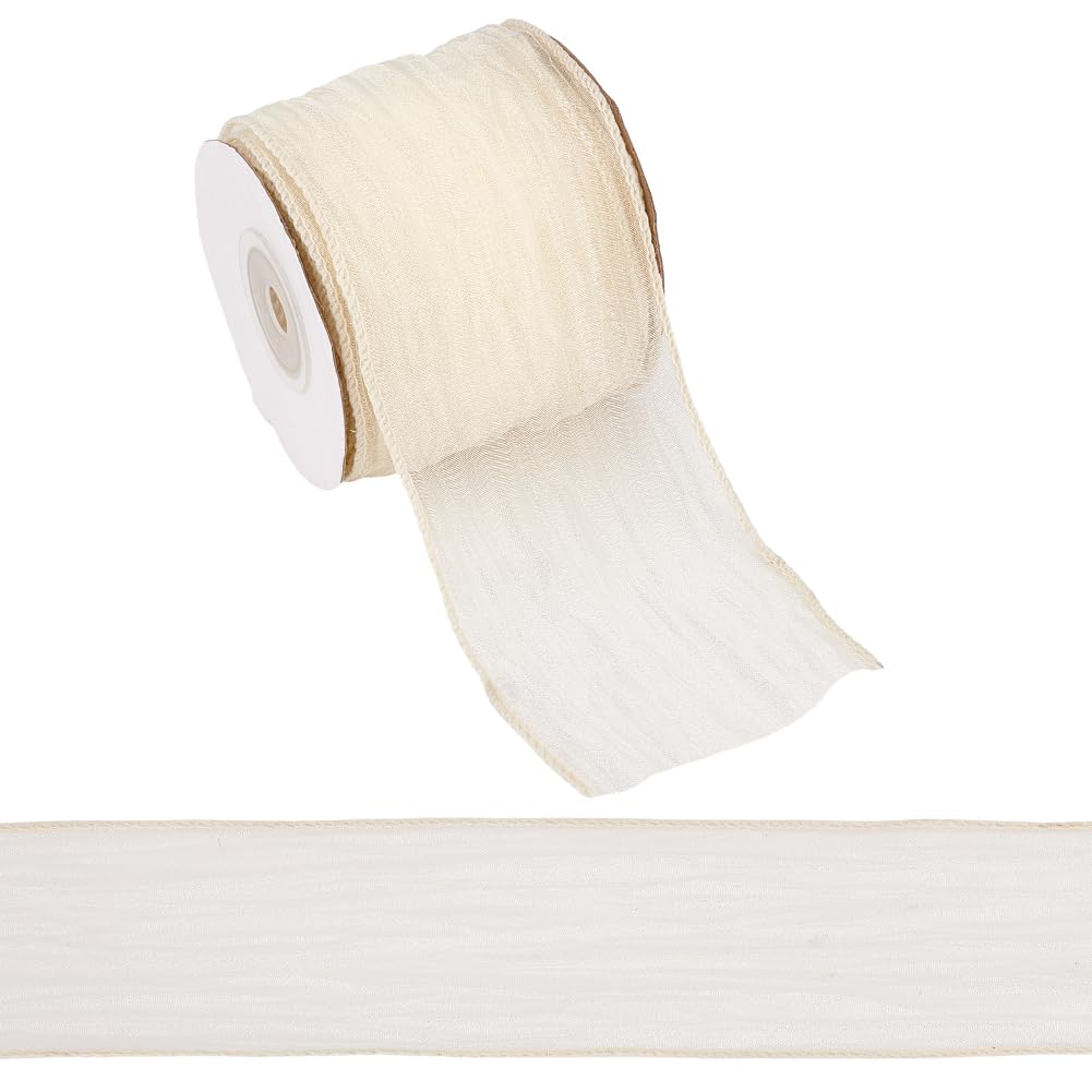 GOMAKERER 10 Yards(9.1m) Beige Crinkle Wired Ribbon, 2.5inch(6.5cm) Wide Organza Wired Wedding Ribbon Wavy Christmas Ribbon for Gift Wrapping Basket Wreath Bow DIY Crafts Home Decor
