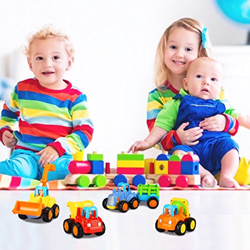 Dreampark Friction Powered Cars Push and Go Cars Inertia Toy Early Educational Toddler Baby Toy Tractor Bulldozer Dumper Cement Mixer Engineering Vehicles Toys Gift for Kids (4 PCS)
