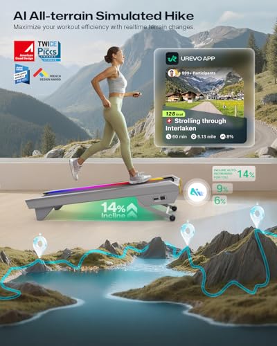 UREVO CyberPad Smart Walking Pad with 14% Auto Incline, Slim Under Desk Treadmill for Office Fitness, Brushless Motorized, Elegant Speed Lights, Spacious Surface, Digital Controller, AI-Powered App