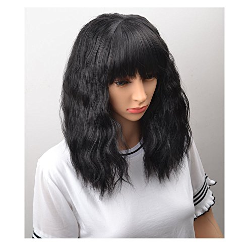 BERON 14" Women's Short Curly Bobo Wig with Free Wig Cap (Black)