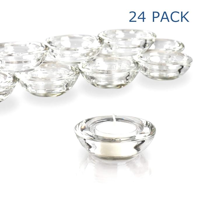 Elivia Clear Tealight Candle Holders Set of 24, Round Chunky Glass