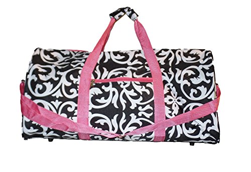 21 Inch Damask Print Duffle Bag - Black Overnight Bag With Shoulder Strap & Pockets