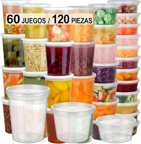 Juego de 60 Contenedores para Alimentos y Preparación de Comidas (Meal Prep) Toppers de Plástico Reutilizables 3 Tamaños (32/16/8 oz) Aptos para Microondas y Congelador Sin BPA
