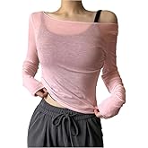 QJQ Women's Sheer Mesh Off The Shoulder Tops Long Sleeve See Through Shirts Going Out Party Club Outfits