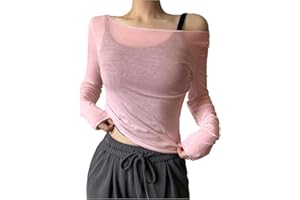 QJQ Women's Sheer Mesh Off The Shoulder Tops Long Sleeve See Through Shirts Going Out Party Club Outfits