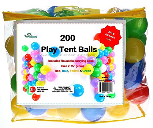 Oojami Phthalate Free BPA, Crush Proof Plastic Pit Balls, 4 Bright Colors in Reusable and Durable Carrying Case with Zipper, 200 Piece