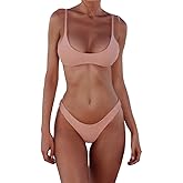 SherryDC Women's Solid Scoop Neck Push Up Padded Brazilian Thong Bikini Swimsuit Bathing Suit