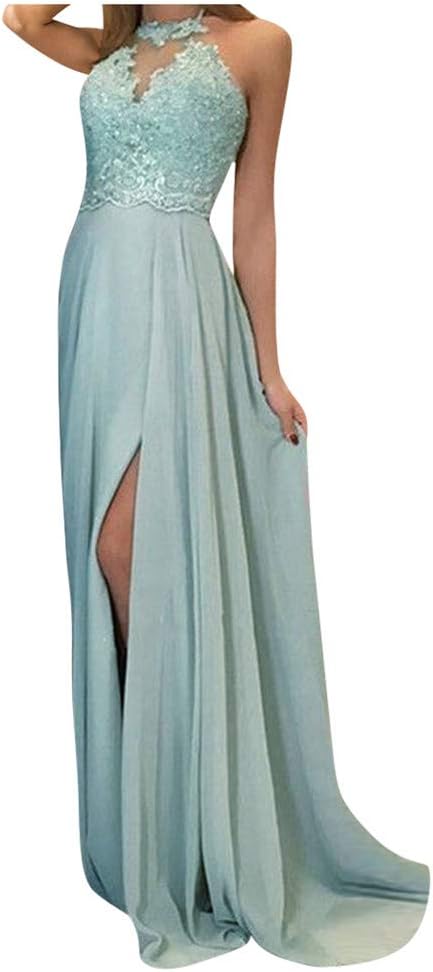 Women's Dress Elelgant Embroidery Lace Halter Evening Party Wedding Slit Formal Long Dresses