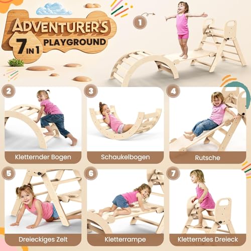 CozyLazy 7-in-1 Montessori Indoor Climbing Frame Set, Malleable Climbing Triangle with Slide and Climbing Arch, Ideal for Babies and Toddlers 1-6 Years, Promotes Play, Movement and Creativity