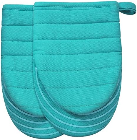 Heat Resistant Cotton Quilted Hot Mini Oven Mitts Kitchen set with Silicone Printing Non-slip Grip, Puppet Small Oven Gloves set of 2 for BBQ Cooking Baking, Grilling, Machine Washable Women Men Aqua