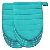 Heat Resistant Cotton Quilted Hot Mini Oven Mitts Kitchen set with Silicone Printing Non-slip Grip, Puppet Small Oven Gloves set of 2 for BBQ Cooking Baking, Grilling, Machine Washable Women Men Aqua