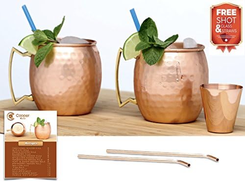 Moscow Mule Copper Mugs Set of 2 - 15 Mule Recipes eBook - 100 % Solid Copper Cups Handmade Hammered - Non Nickel -UNIQUE Gift- 16 oz 2 Mugs PLUS A Shot Glass 2 Bent Copper Straws
