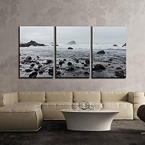 3 Piece Canvas Wall Art - Rock Stones on The Beach in Cloudy Day - Modern Home Art Stretched and Framed Ready to Hang - 16"x24"x3 Panels