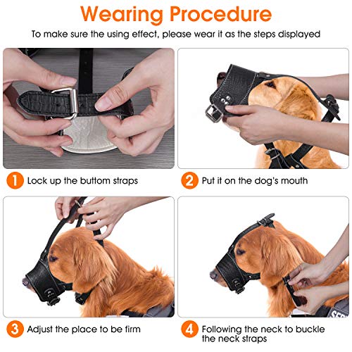 AMOOTEK Dog Muzzle, Anti-Biting, Barking & Chewing Dog Muzzle Adjustable Dog Mouth Cover and Collar, Soft Leather Muzzles for Small Medium Large Dog