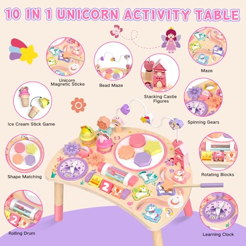 Fozcmisw Tavolo attività Montessori in Legno 10 in 1 Unicorno 1 Anno | Prendere, Ordinare, Girare e Ascoltare Aiuta la Motricità Fine Durante il Gioco Quotidiano
