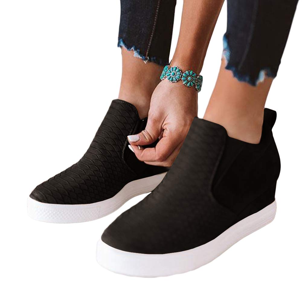 LAICIGO Women’s Hidden Wedge Platform Sneakers Side Zipper Slip-on Closed Toe Faux Leather Ankle Booties