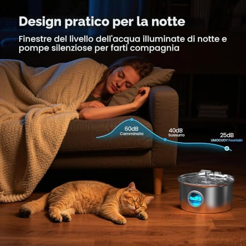 Fontanella Per Gatti Acciaio Inox: 2.6L Fontana per Gatto - Automatico Fontanella Gatto - Super Silenzioso Dispenser Acqua Gatti