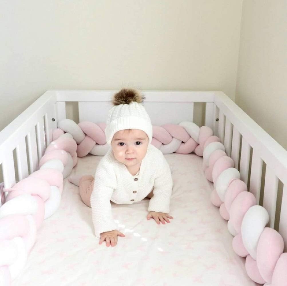 Baby Crib Bumper Knotted Braided Plush Nursery Cradle Decor Newborn Gift Pillow Cushion Junior Handmade Bed Sleep Bumper Pink+White 157 inch
