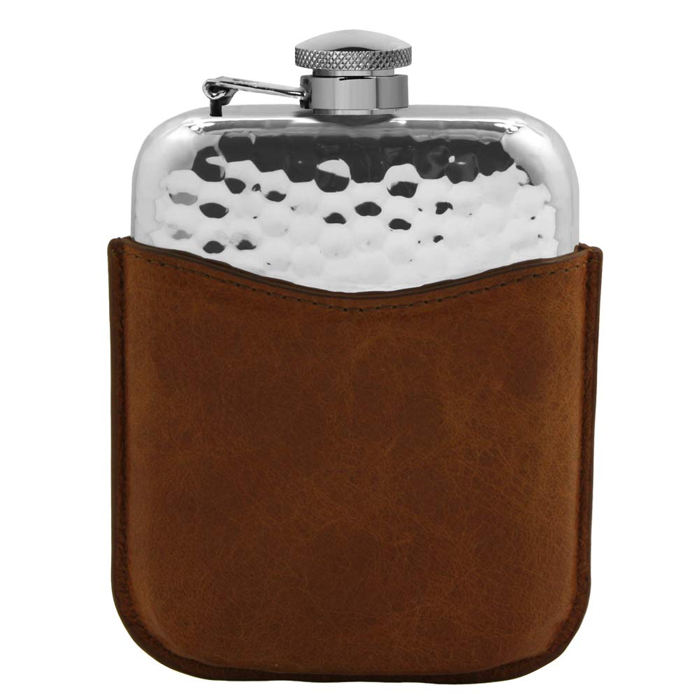 English Pewter Company 6oz Pewter Hammered Hip Flask with Captive Top in Brown Leather Pouch [PLF04]
