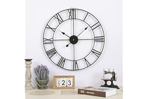 Large Outdoor Garden Wall Clock, Metal Roman Numerals Open Face Stylish, Retro Iron Round Face, Weatherproof Indoor Outdoor G