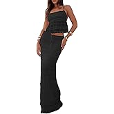 Eilova Orityle Womens 2 Piece Summer Outfits Cute Chiffon Tulle Ruffle Halter Backless Crop Top and Maxi Skirt Sets