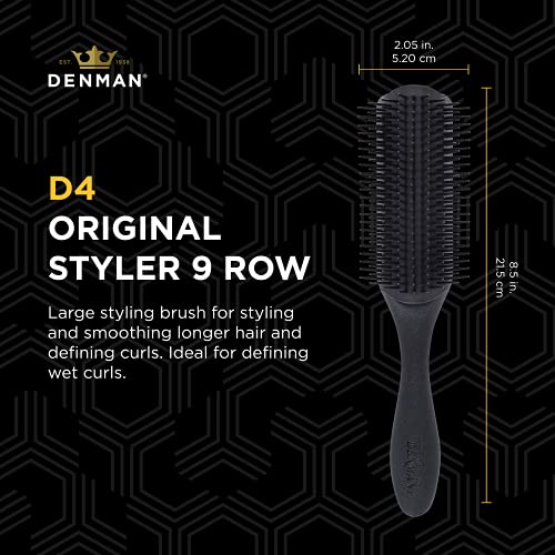 Denman Curly Hair Brush D4 (All Black) 9 Row Styling Brush for Styling